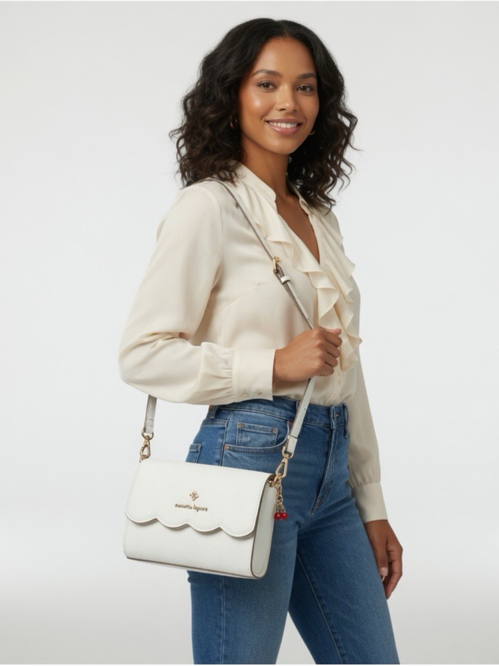 Y2K style Nanette Lepore small Crossbody bag Cream Scalloped Flap with Gold Logo